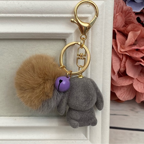 Gray Felt Bunny Rabbit Charm with Gray Pom Pom Keychain - Picture 9 of 11